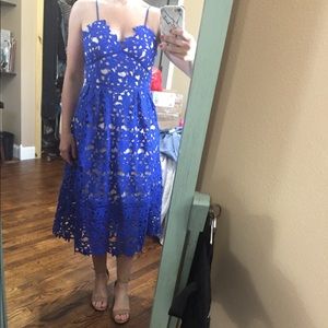 Blue and tan lace midi dress. Size medium